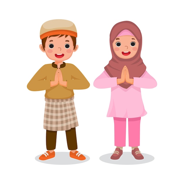 Vektor kleine muslimische kinder, junge und mädchen, die sich bedanken, respektieren, begrüßen und grüßen, um ramadhan zu feiern