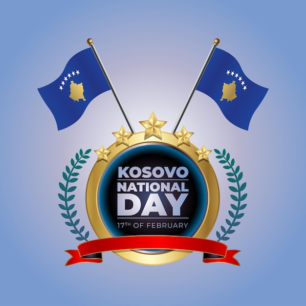 Kleine nationalflagge des kosovo auf kreis mit blauem garadasi-hintergrund