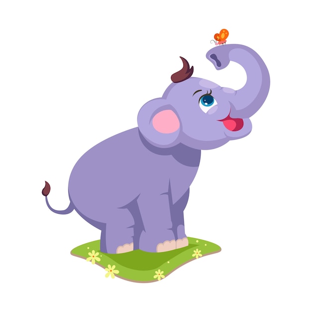 Kleiner elefant mit schmetterlingsvektorillustration