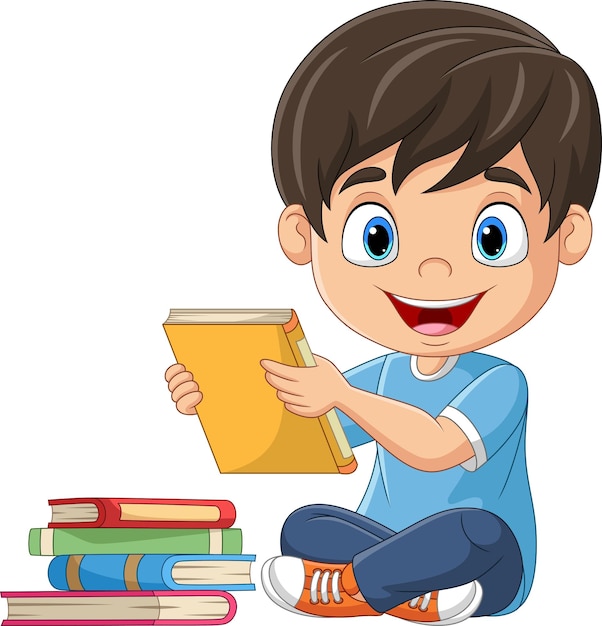 Kleiner Junge der Karikatur, der ein Buch hält