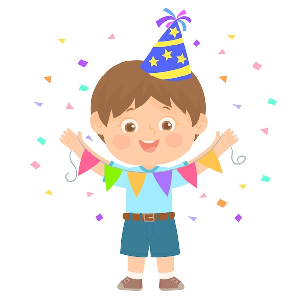 Kleiner Junge feiert Geburtstag mit Girlande und Hut