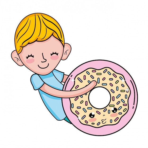Kleiner junge mit donut kawaii charakter