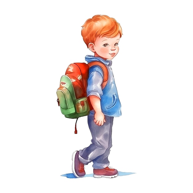 Kleiner Junge mit einer Schultasche auf dem Rücken, Aquarellillustration