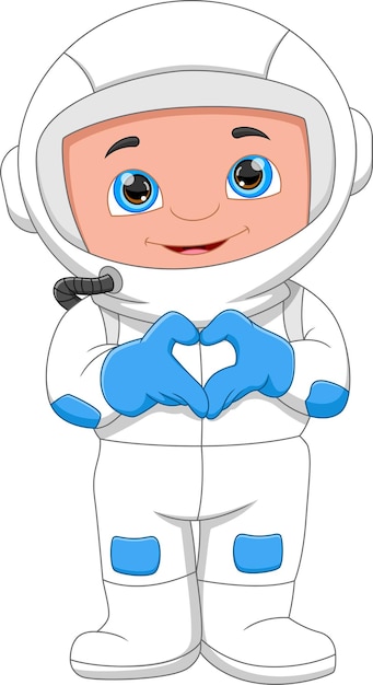 Kleiner junge trägt astronautenkostüm mit posieren mit fingerherz