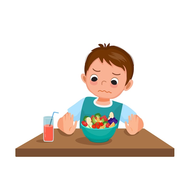 Kleiner Junge wählerischer Esser, der sich weigert, Obst und Gemüse zu essen, ohne Handgesten zu zeigen
