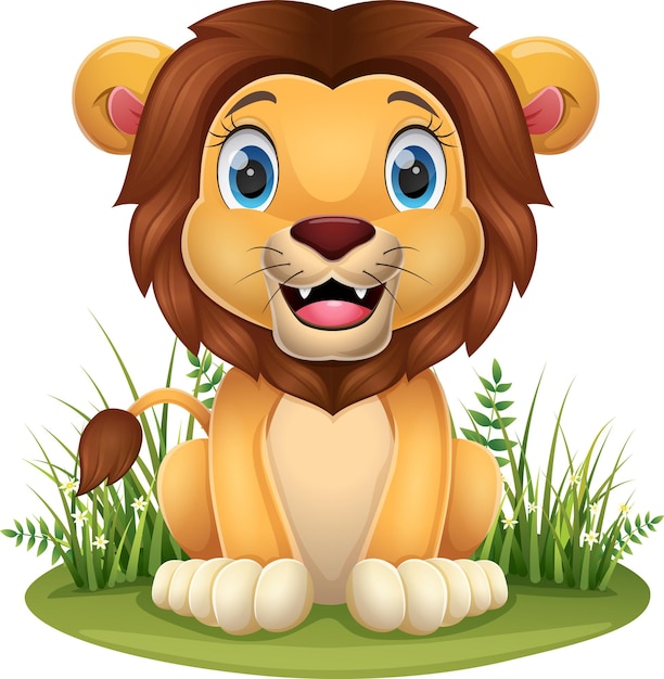Kleiner Löwe der Karikatur, der im Gras sitzt