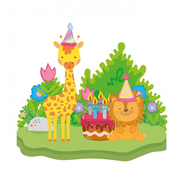 Kleiner löwe und giraffe mit partyhüten