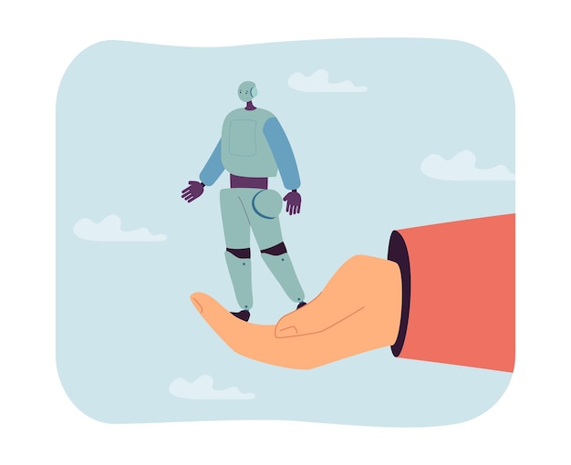 Kleiner Roboter, der auf menschlicher Hand steht, flache Vektorillustration. Künstliche Intelligenz, Zukunft, Maschine, Wissenschaftskonzept für Banner, Website-Design oder Landing-Webseite