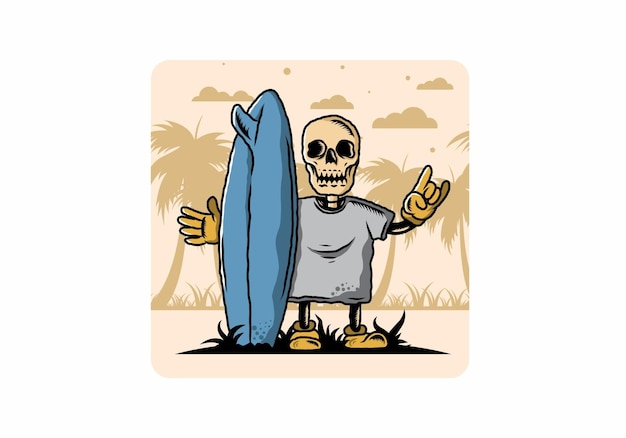 Kleiner schädel, der ein surfbrettillustrationsdesign hält