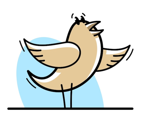 Kleiner süßer vogel, der stehend und vogelgezwitscher singt, lustige cartoon-flachvektorillustration isoliert auf weiß.