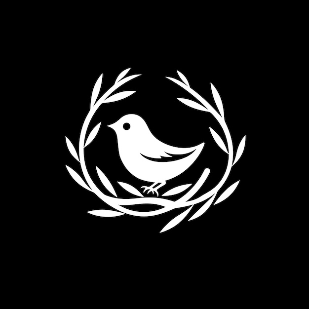 Kleiner vogel im nest einfache formen schwarz-weiß-vektor-logo-design auf schwarzem hintergrund