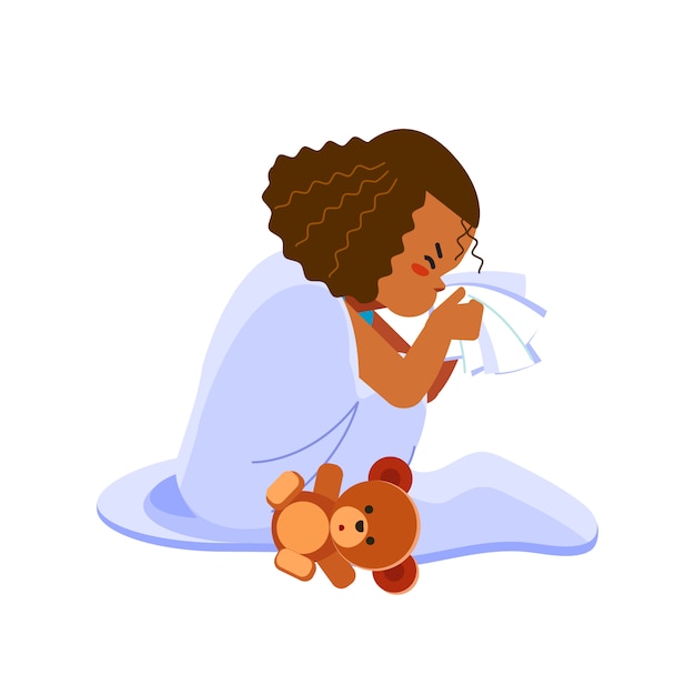 Kleines afroamerikanisches mädchen hat grippe, kind niest in ein taschentuch. krankes mädchen, das mit spielzeugbär im bett sitzt und sich die nase putzt, fühlt sich so schlecht mit fieber. karikaturillustration