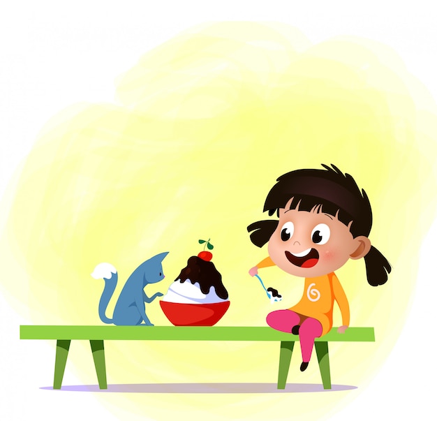 Kleines Karikatur-Mädchen essen große Portion Eiscreme