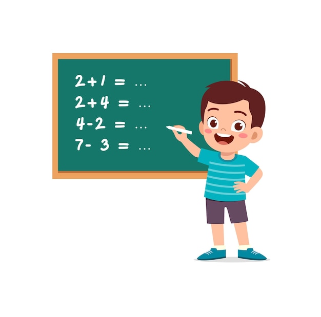 Kleines Kind, das mathematisches Problem auf der Tafel löst