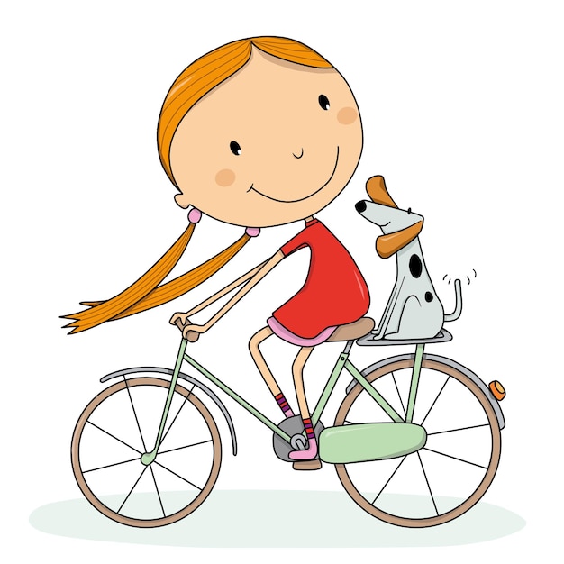 Kleines mädchen auf einem fahrrad mit ihrem hund