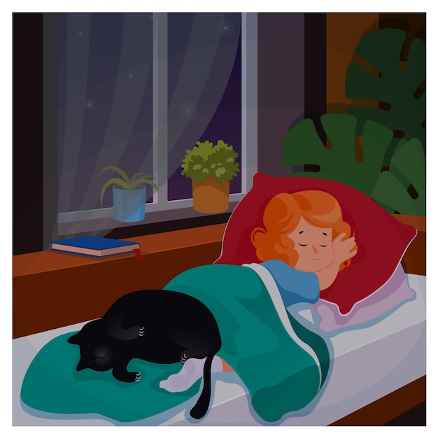 Kleines mädchen, das nachts in ihrem schlafzimmer mit katze schläft cartoon-vektor-illustration