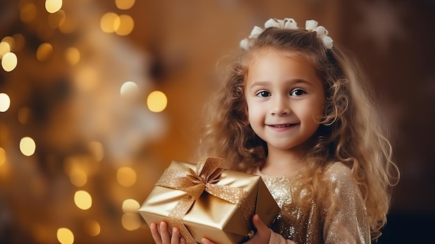 Kleines Mädchen hält ein Weihnachtsgeschenk in ihren Händen
