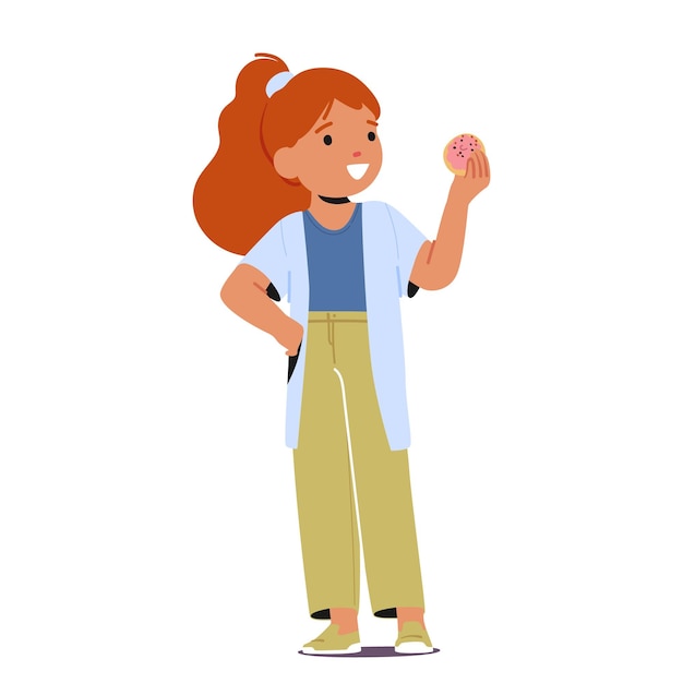 Vektor kleines mädchen isst fast-food-dessert. fröhliche kinderfigur, die sich einen zuckerhaltigen donut gönnt, mit großen augen vor freude, während sie jeden köstlichen bissen genießt, isoliert auf weißem cartoon-menschen-vektor-illustration