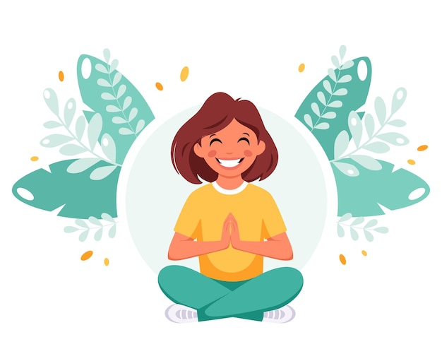 Kleines mädchen meditiert in lotus-pose gymnastische meditation für kinder vektor-illustration