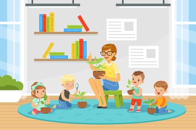 Kleinkinder mit einer Lehrerin im Botanikunterricht untersuchen eine Pflanze in einem Blumentopf und sitzen während der Vektorillustration in der Klasse auf dem Boden
