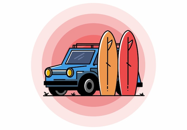 Kleinwagen und abbildung mit zwei surfbrettern