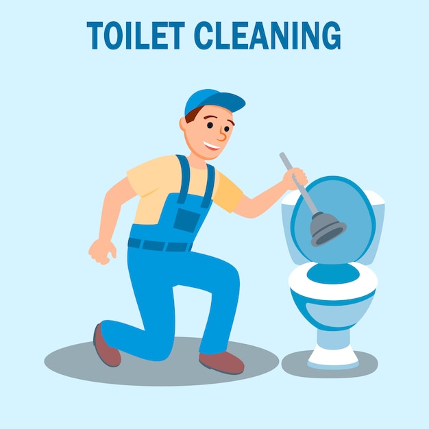 Klempner in Uniform mit Plunger Clean WC-Schüssel