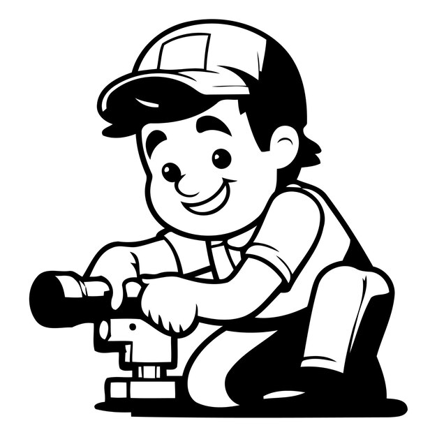 Vektor klempner mit bohrer vektor-illustration im cartoon-stil auf weißem hintergrund