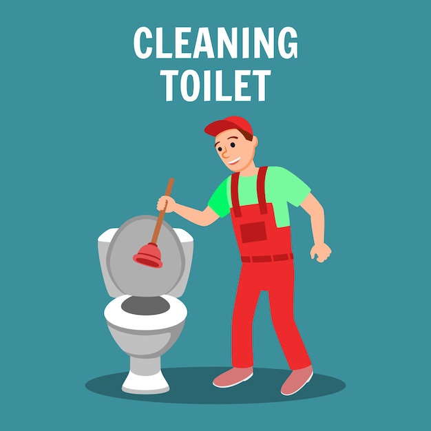 Klempner mit Kolben in der Hand in der Nähe der Toilettenschüssel