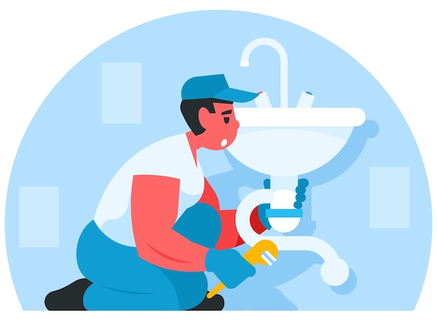Klempner mit Werkzeugkasten, der einen Wasserhahn repariert Vektorgrafiken
