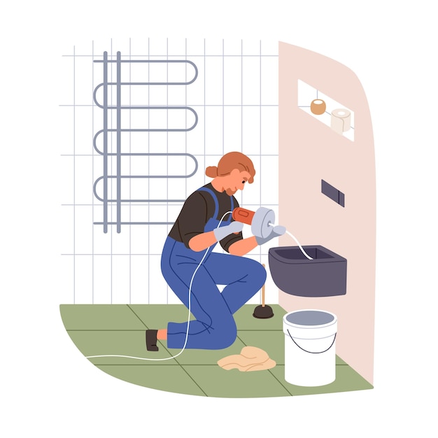 Klempnerin reinigt verstopfte Toiletten Professionelle Arbeiterin Master repariert Badezimmer Schrank Abfluss Latrinen Topf Klempnerdienst Flachvektor-Illustration isoliert auf weißem Hintergrund