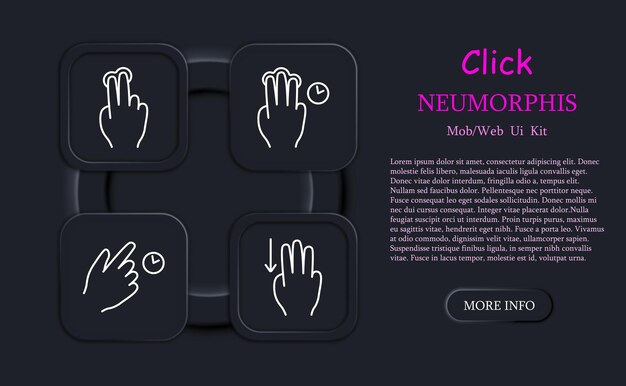 Klick auf das Set-Symbol Doppelklick auf die Handfläche Schieben Sie das Objekt mit drei Fingern nach unten Drücken Sie es mit drei Fingen drücken Sie es nach oben Drücken Sie ihn mit drei Finger drücken Sie neomorphismus Verzögerung mit drei Finger Gesten Konzept