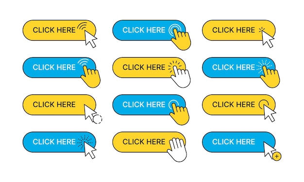 Vektor klicken sie hier schaltflächen web-ui-navigationselemente pfeile handklick-zeiger greller vektorsammlungssatz isoliert