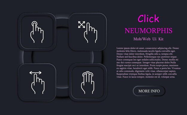 Klicks Set-Symbol Drücken Sie doppelte Berührung 3D-Touch Zoomen aus Zoomen in Swipe Shift Drehen Scroll Verzögerung Ladung linker Finger Handpalme Fütterung Dreifach Tippen Neomorphismus Gesten Konzept