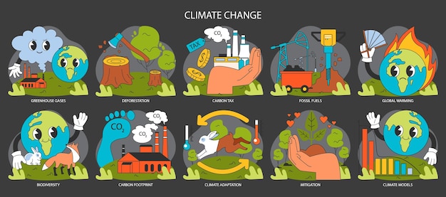 Vektor klimawandel nacht oder dunkler modus setzen planeten temperatur steigt und meeresspiegel steigt aufgrund von co