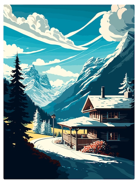 Klosters serneus schweiz vintage reiseplakat souvenir postkarte porträt malerei illustration