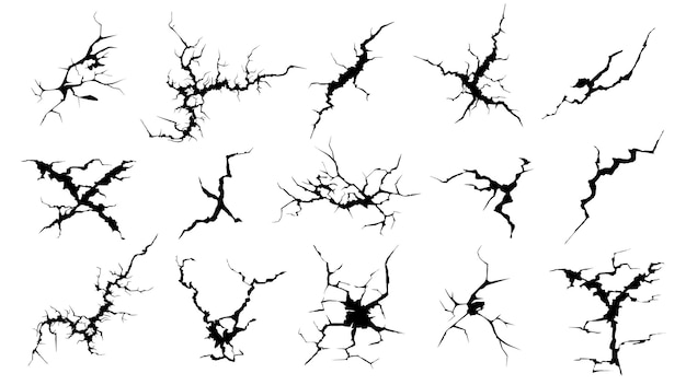 Vektor knackt silhouetten. hand gezeichnetes rissiges siebglas, beschädigte oberfläche und schwarzer risssatz der eioberfläche.