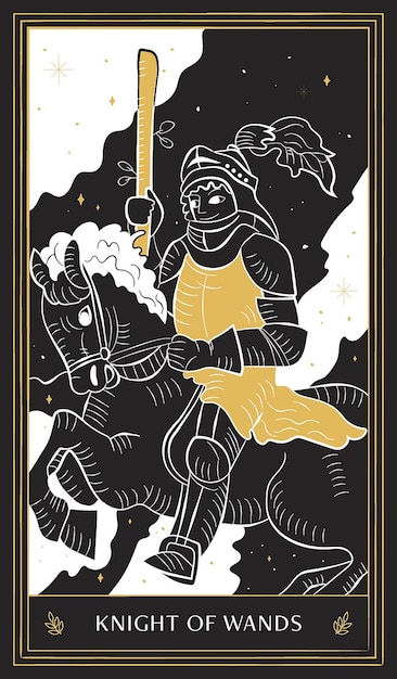 Knight of Wands Tarot Card in Minor Arcana mit schwarzgoldenem und weißem handgezeichnetem Vektordoodle