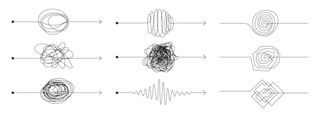 Knotenpfeillinie. gekritzel-chaos-denkweise, chaos-konzept mit freihand-gekritzelskizze, schwarzes gekritzel. vektor handgezeichneter schwieriger denkprozess mit konzeptpfeilen verwirren pfade