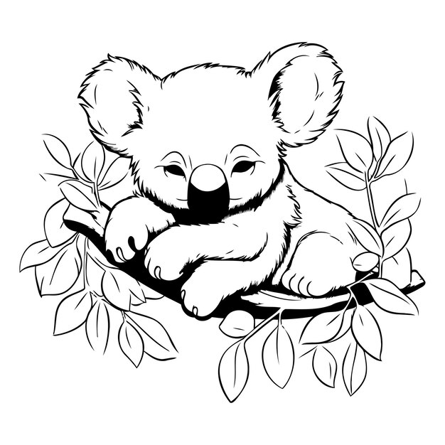 Vektor koala-bär sitzt auf einem zweig schwarz-weiß-vektorillustration