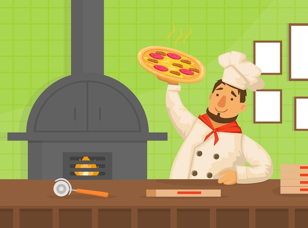 Koch hält frisch zubereitete Pizza-Pizza-Macher Kühlende Pizza im Ofen Flachvektor-Illustration
