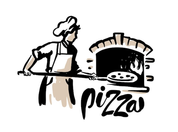 Koch legt pizza in den ofen. skizzenstil.