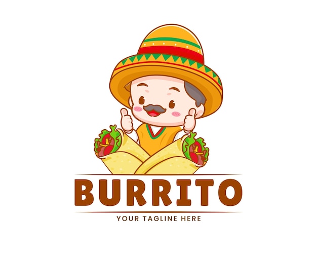 Koch mit burrito-logo-karikaturillustration. mexikanisches streetfood