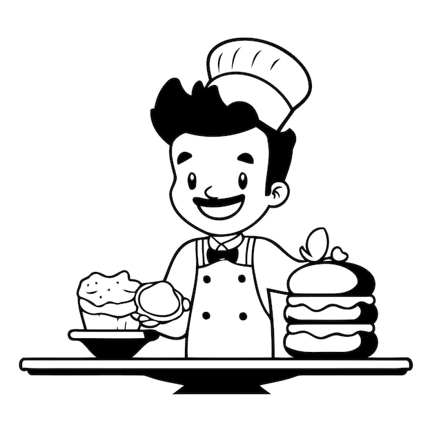 Vektor koch mit einem teller mit kuchen vektor-illustration im cartoon-stil