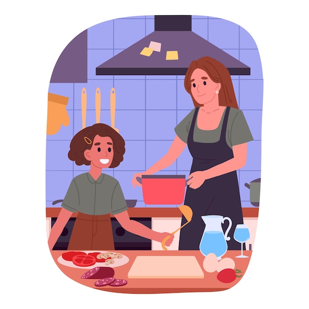 Kochende Mutter und Kind Weibliche Figuren kochen zu Hause, Mutter und Tochter bereiten leckere Gerichte vor, flache Vektorillustration, Hausgemachte Mahlzeitvorbereitung