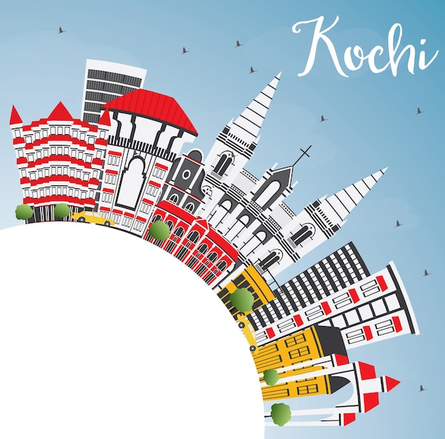 Kochi india city skyline mit farbgebäuden, blauem himmel und textfreiraum. vektor-illustration. geschäftsreise- und tourismuskonzept mit historischer architektur. kochi-stadtbild mit sehenswürdigkeiten.