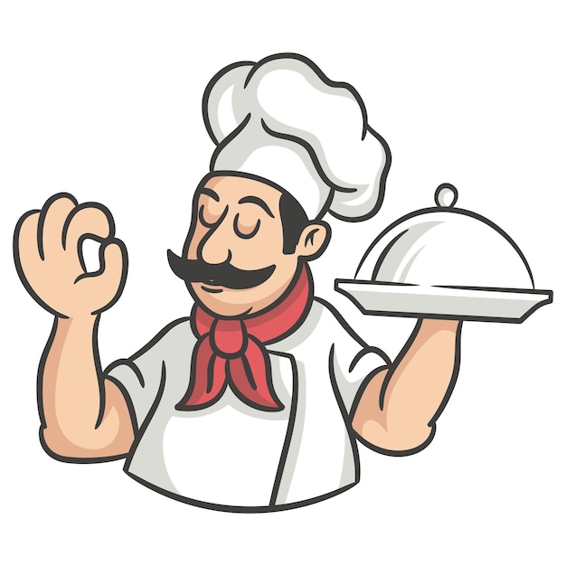 Kochkarikaturfigur, die Silberplatte hält
