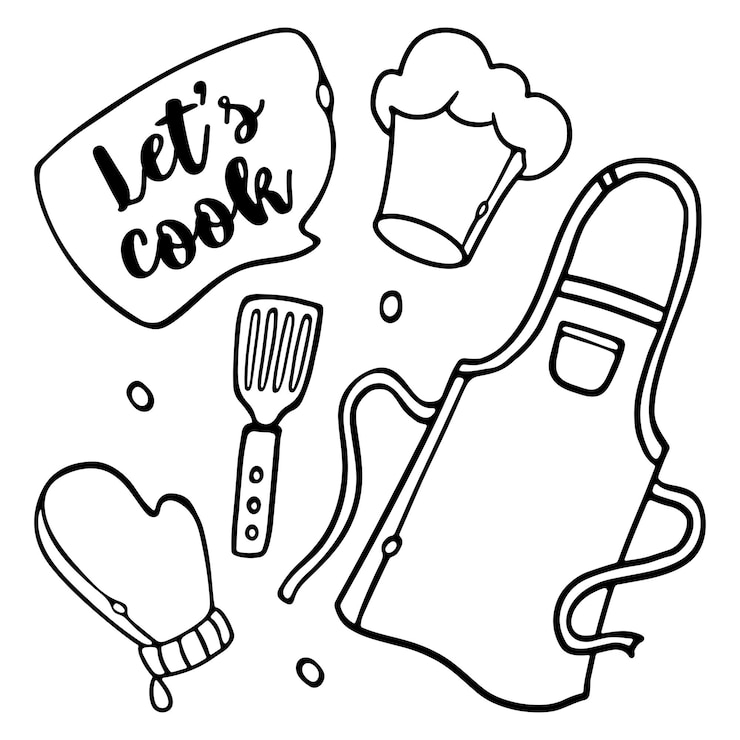 Vektor kochschürze schriftzug lets cook kochmütze, kochhandschuhe umreißen doodle cartoon premium vector
