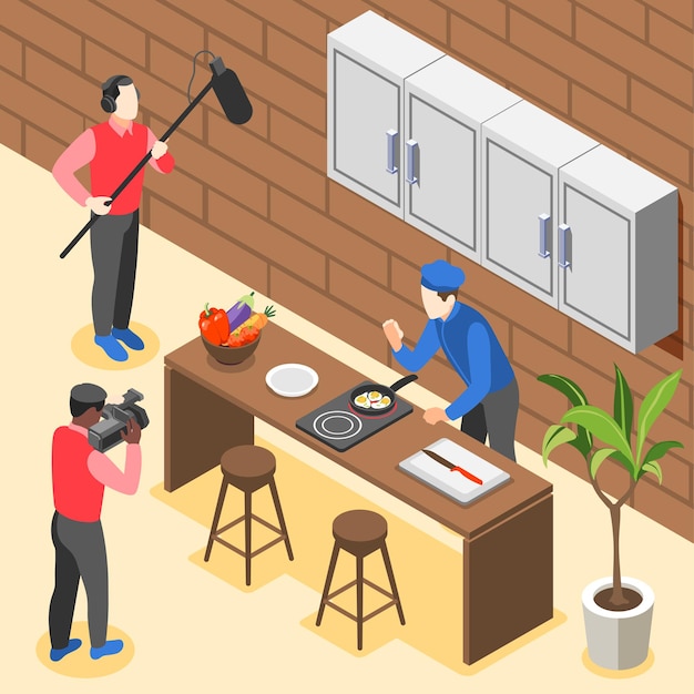 Kochshow isometrischer farbiger Mann kocht Eier und erklärt das Rezept vor der Kamera für die Illustration der TV-Show