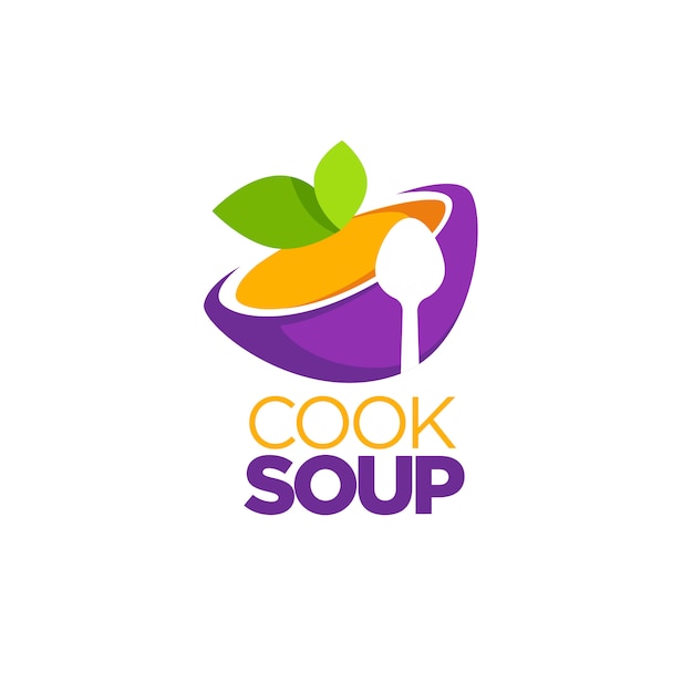 Kochsuppe, logoschablone mit bild der karikaturschale, löffelsilhouette und grünen blättern