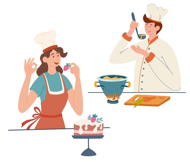 Köche menschen kochen auf dem küchentisch junges mädchen und ein mann kochen konditor kochen kochkonzept für restaurants menüs und anwendungen flache vektorillustration mit zeichentrickfigur